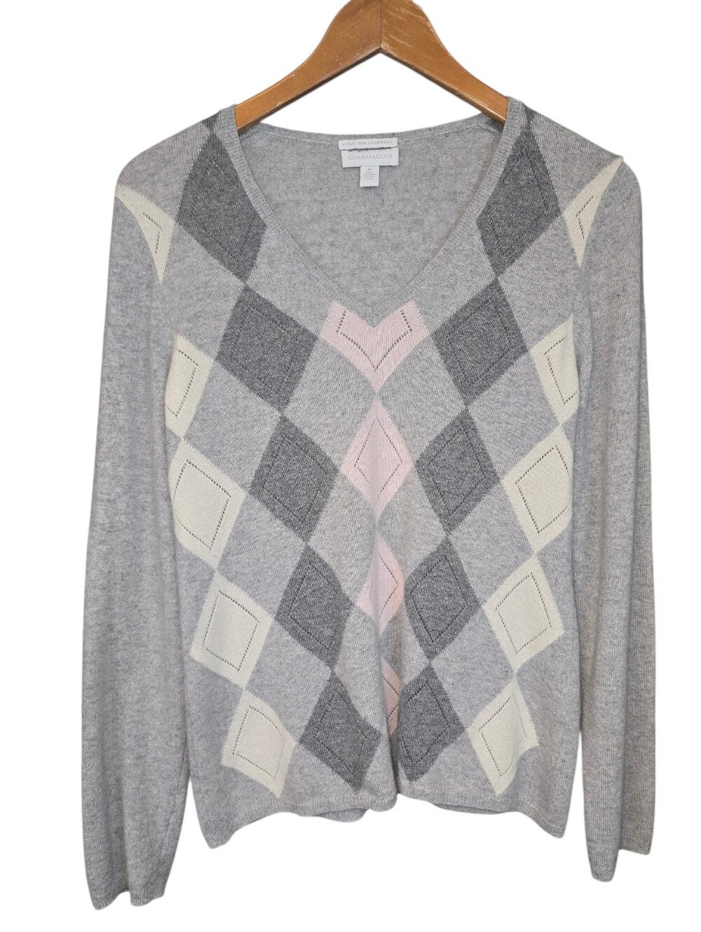 Charter Club 100% 2 Ply Cashmere Argyle Pointelle V-neck Sweater Gray Pink Med.